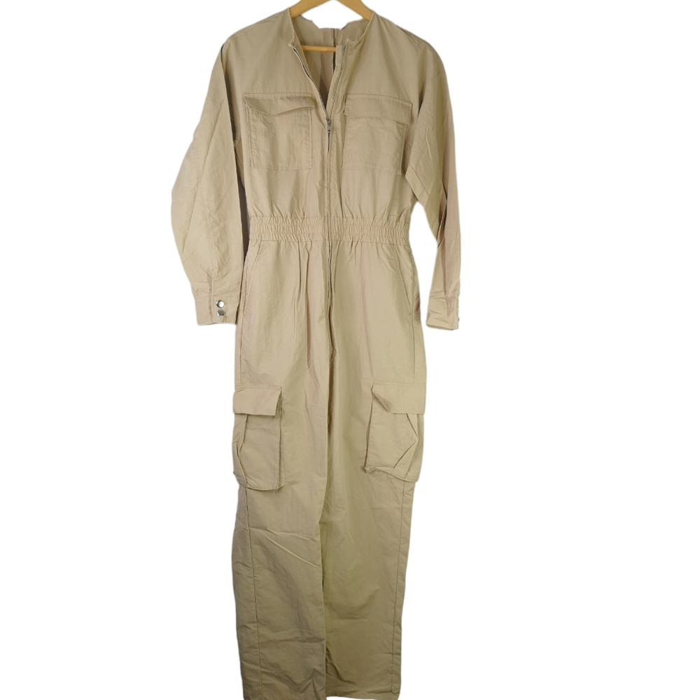 H&M Cargo Utility Zip Front Jumpsuit Flight Suit Neutral Tan Size Medium
